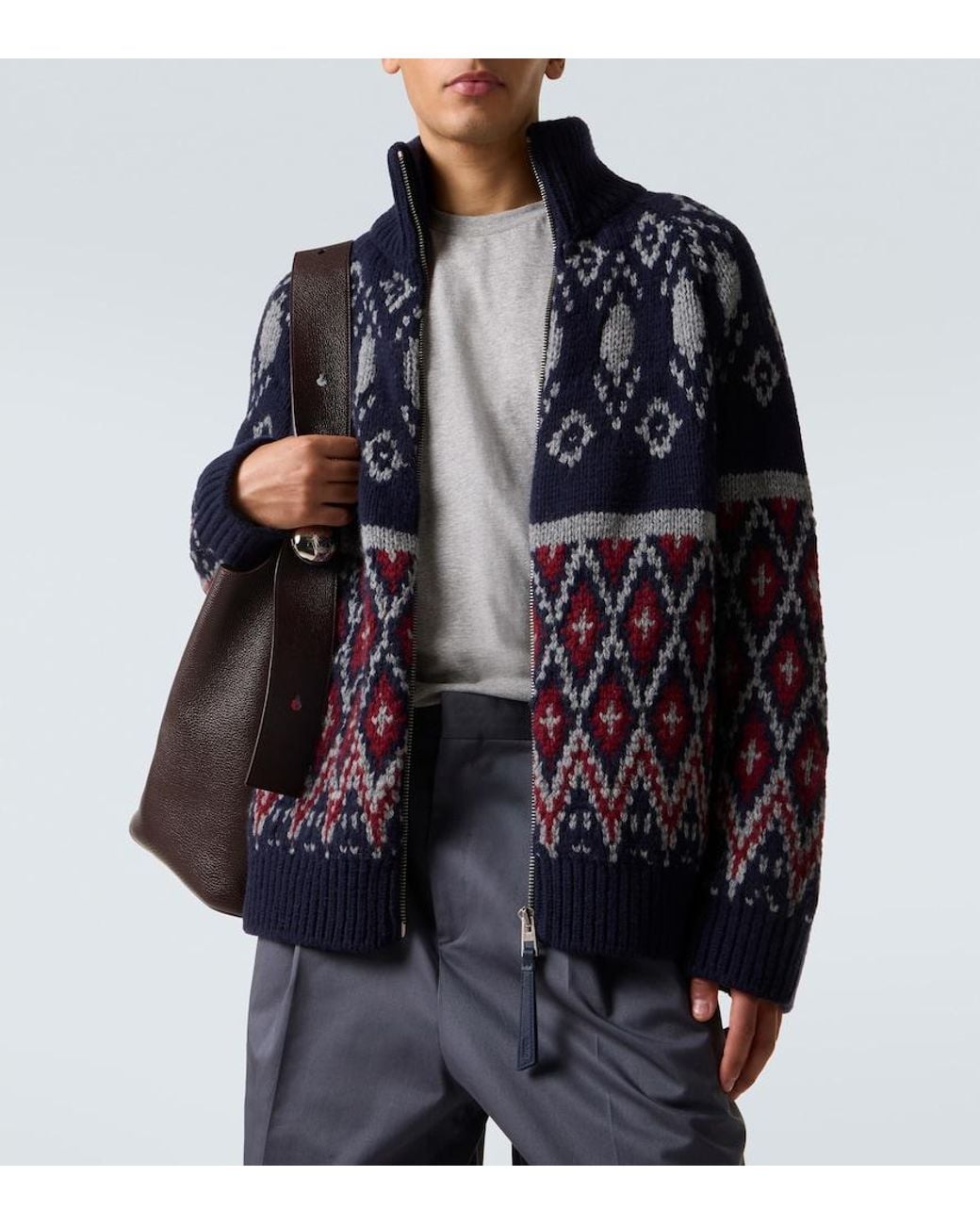 Loewe Blue Wool Jacquard Zip-Up Sweater for men