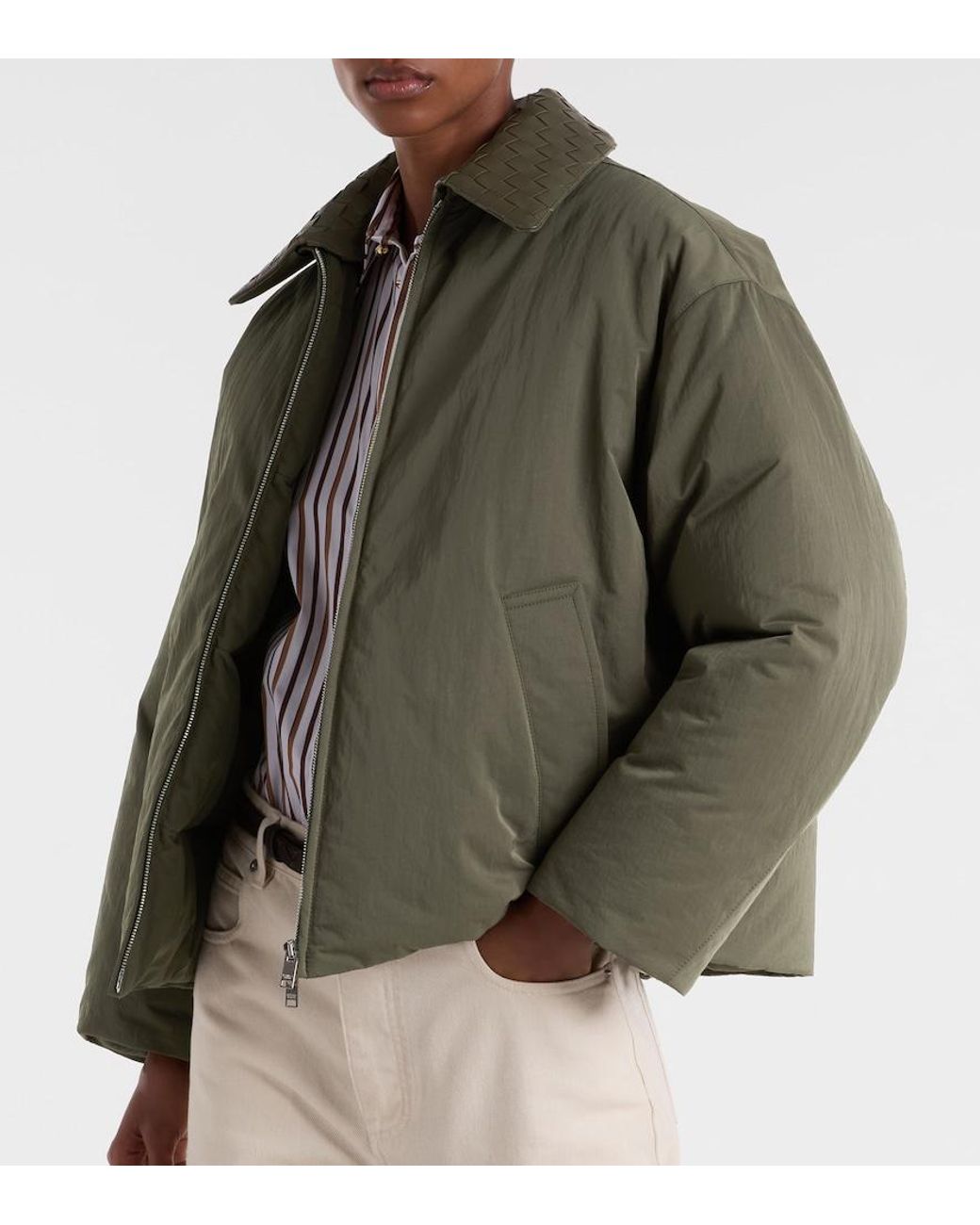 Bottega Veneta Green Intrecciato Leather-Trimmed Down Jacket