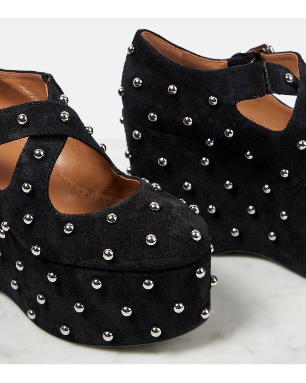Alaïa Black Crisscrossed Studded Suede Ballet Flats