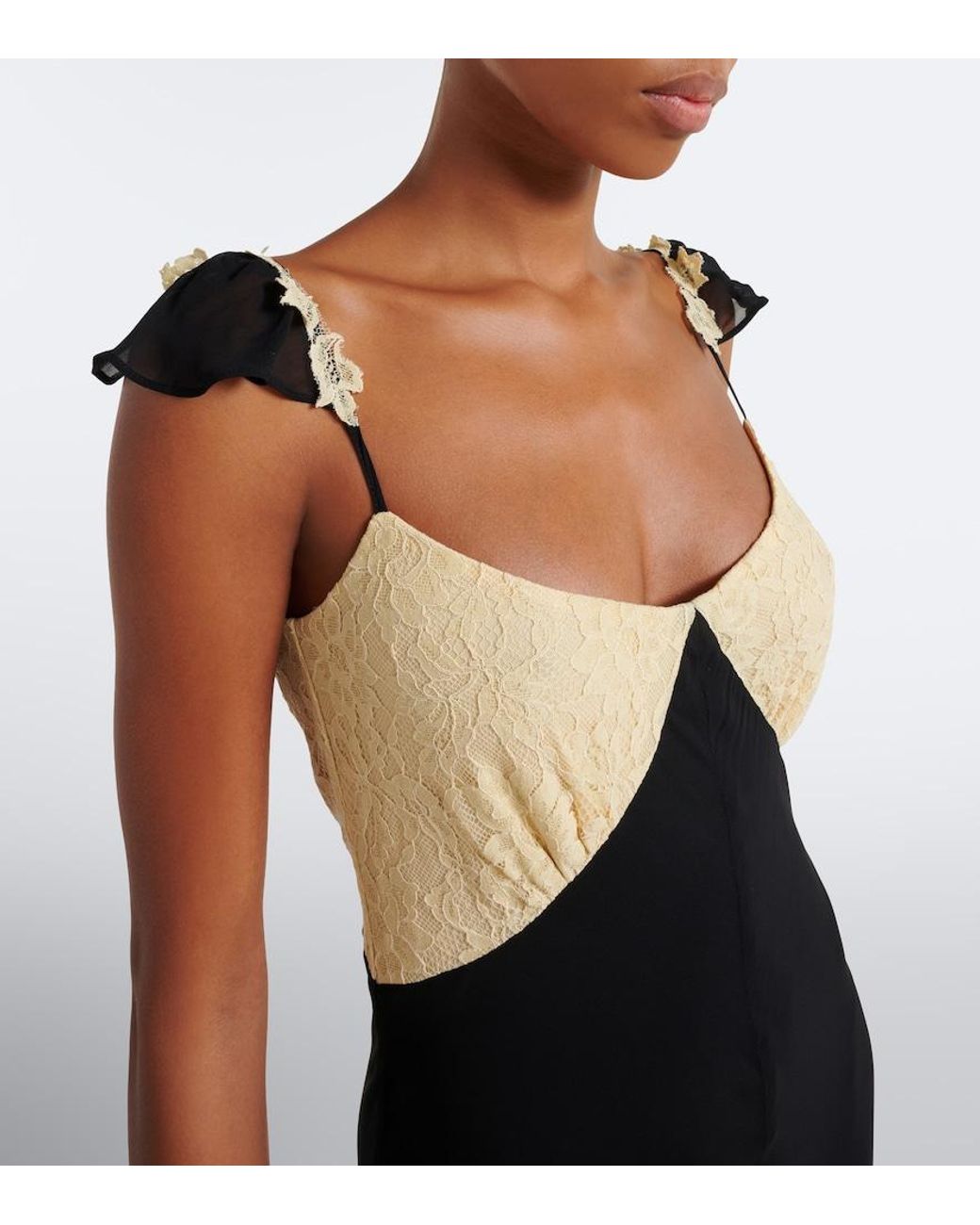 De La Vali Black Auralite Lace-Paneled Tiered Gown