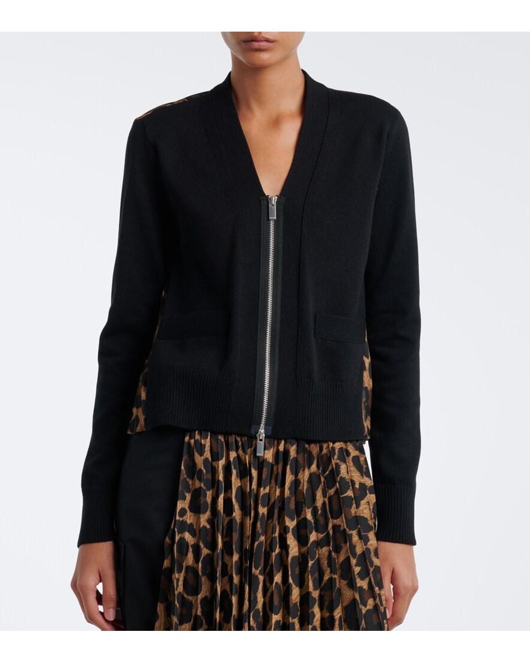 Sacai Black Paneled Leopard-Print Cotton-Blend Cardigan