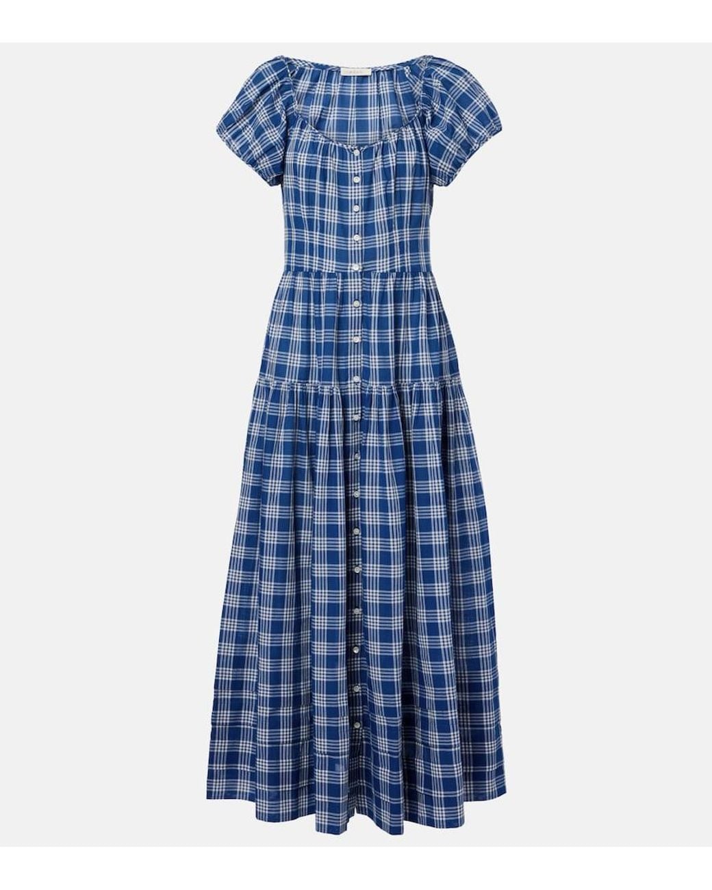Doen Blue Valenne Checked Cotton Midi Dress