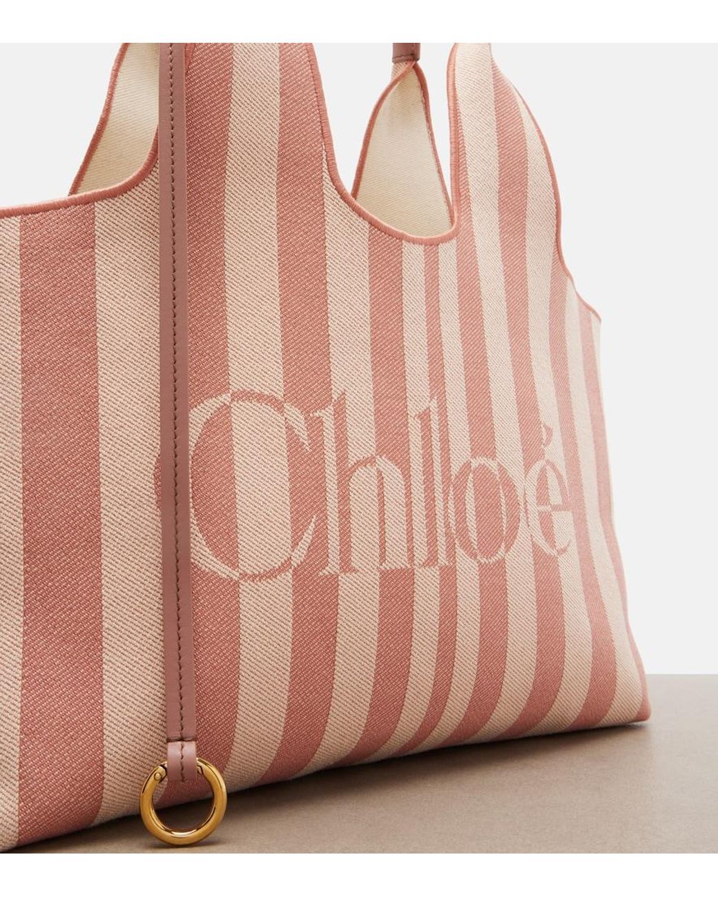 Chloé Pink Stripy Large Logo Canvas Tote Bag