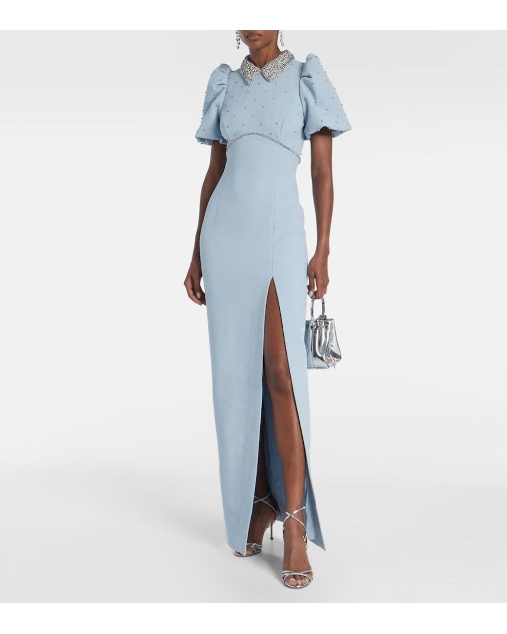 Rebecca Vallance Blue Amery Embellished Puff-Sleeve Gown