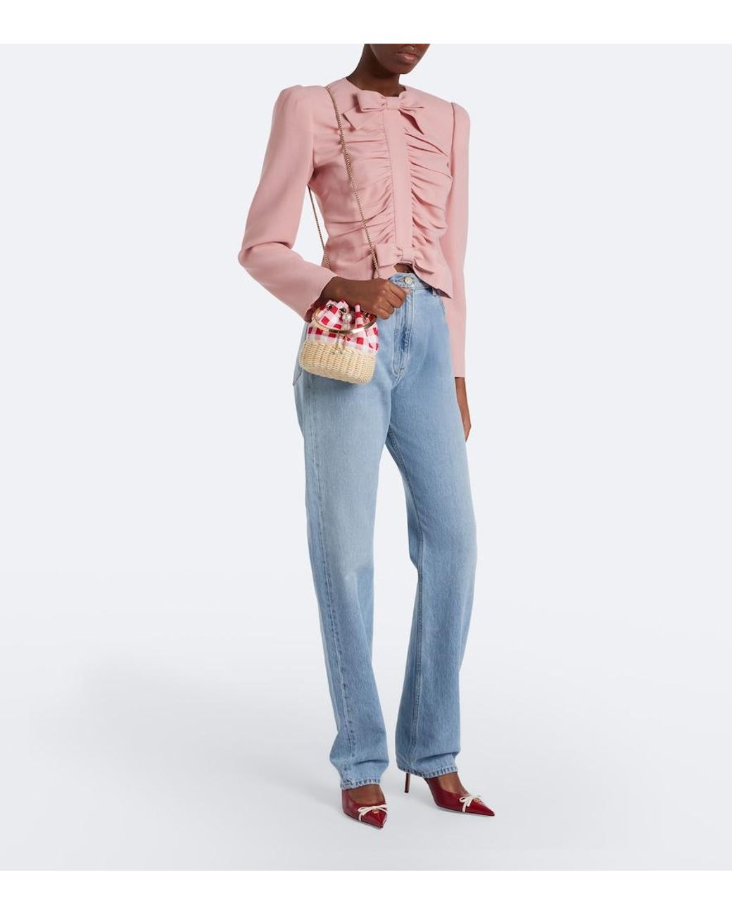Jimmy Choo Red Bon Bon Gingham Canvas And Wicker Bucket Bag