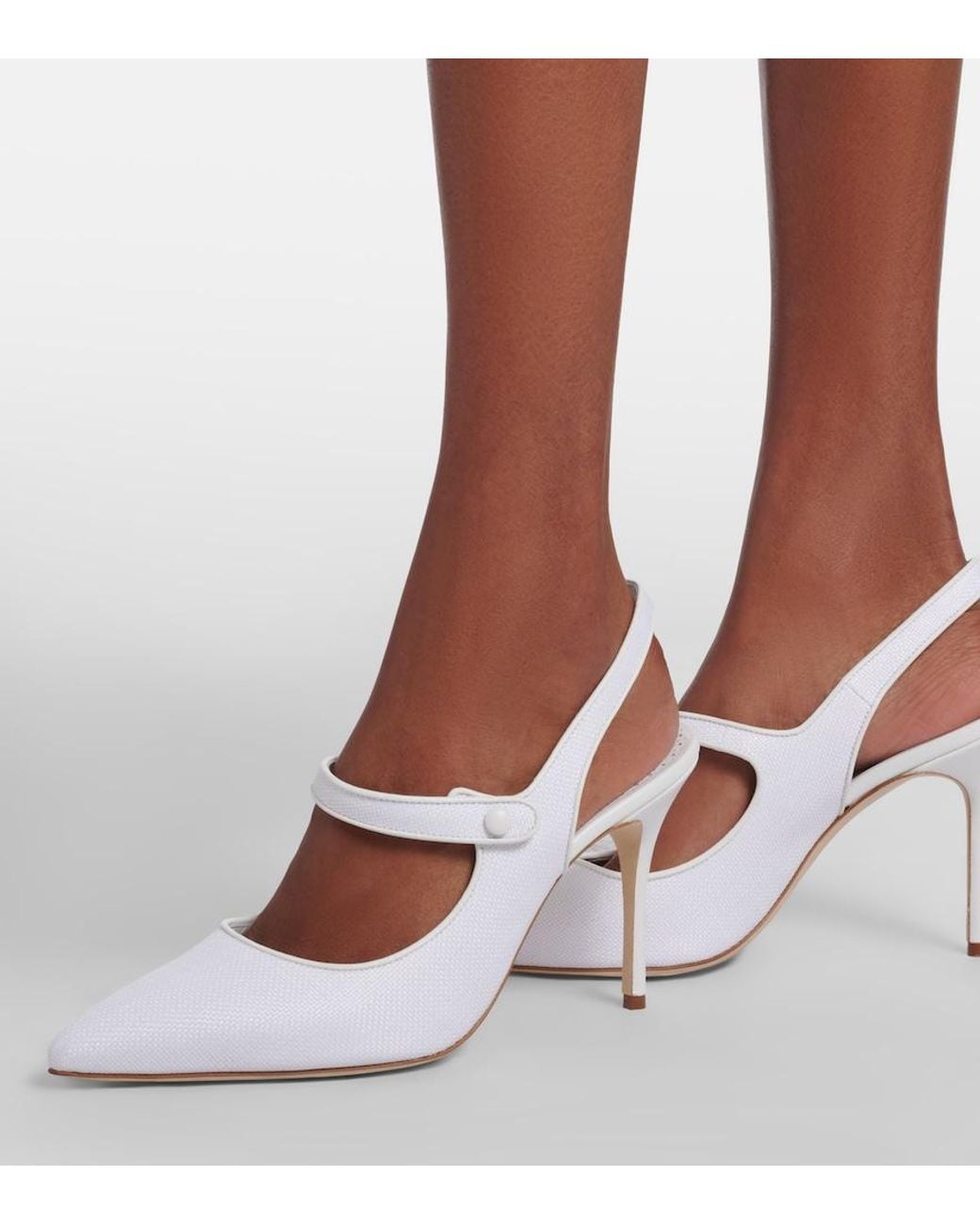 Manolo Blahnik White Camparisli 90 Raffia Slingback Pumps