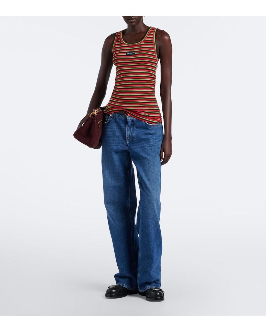 Dolce & Gabbana Red Knitted Striped Cotton Tank Top