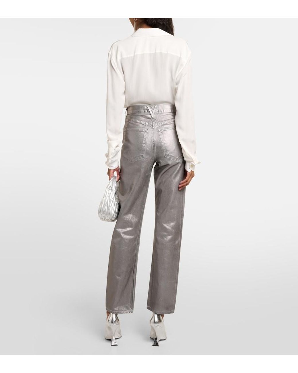 Veronica Beard Gray Daniela Metallic High-Rise Straight Jeans