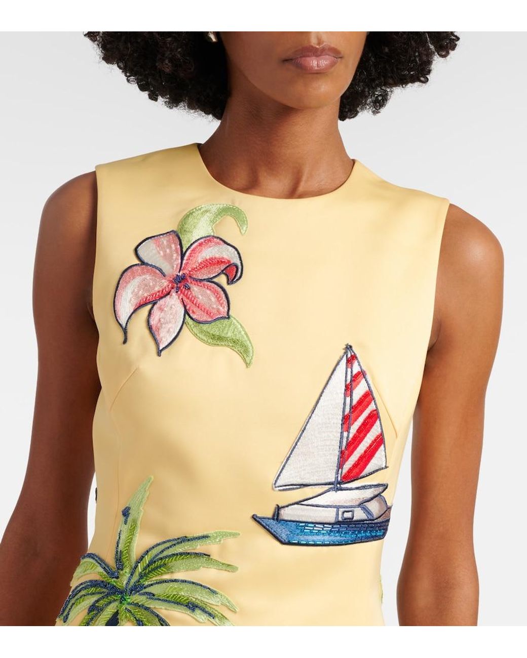 LEO LIN Yellow Beaded Patch-Applique Midi Dress