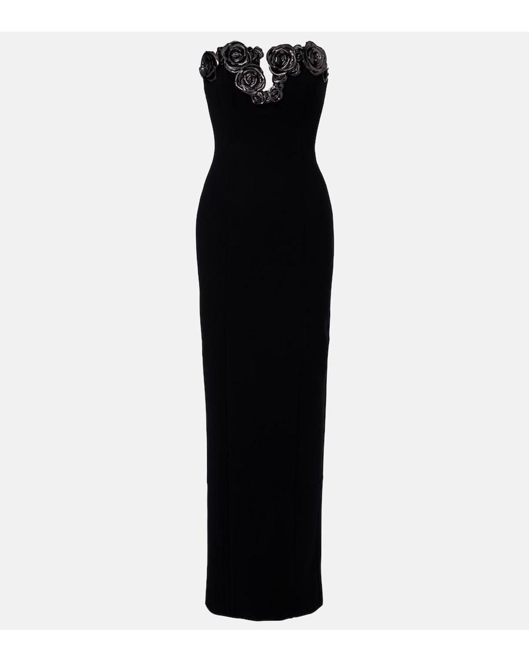 Rachel Gilbert Black Mirage Floral-Applique Bustier Gown
