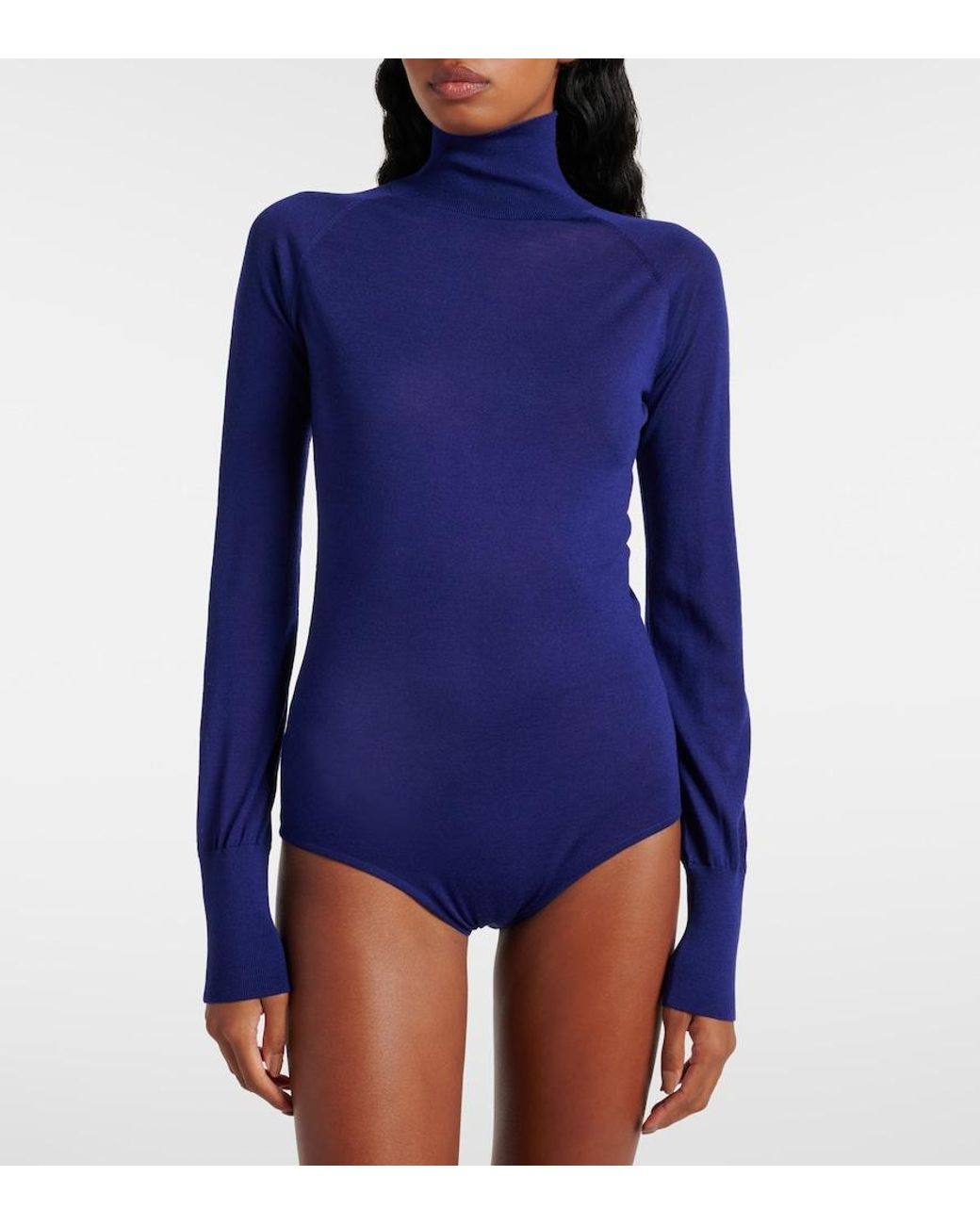 Alaïa Blue Sheer Turtleneck Wool Bodysuit