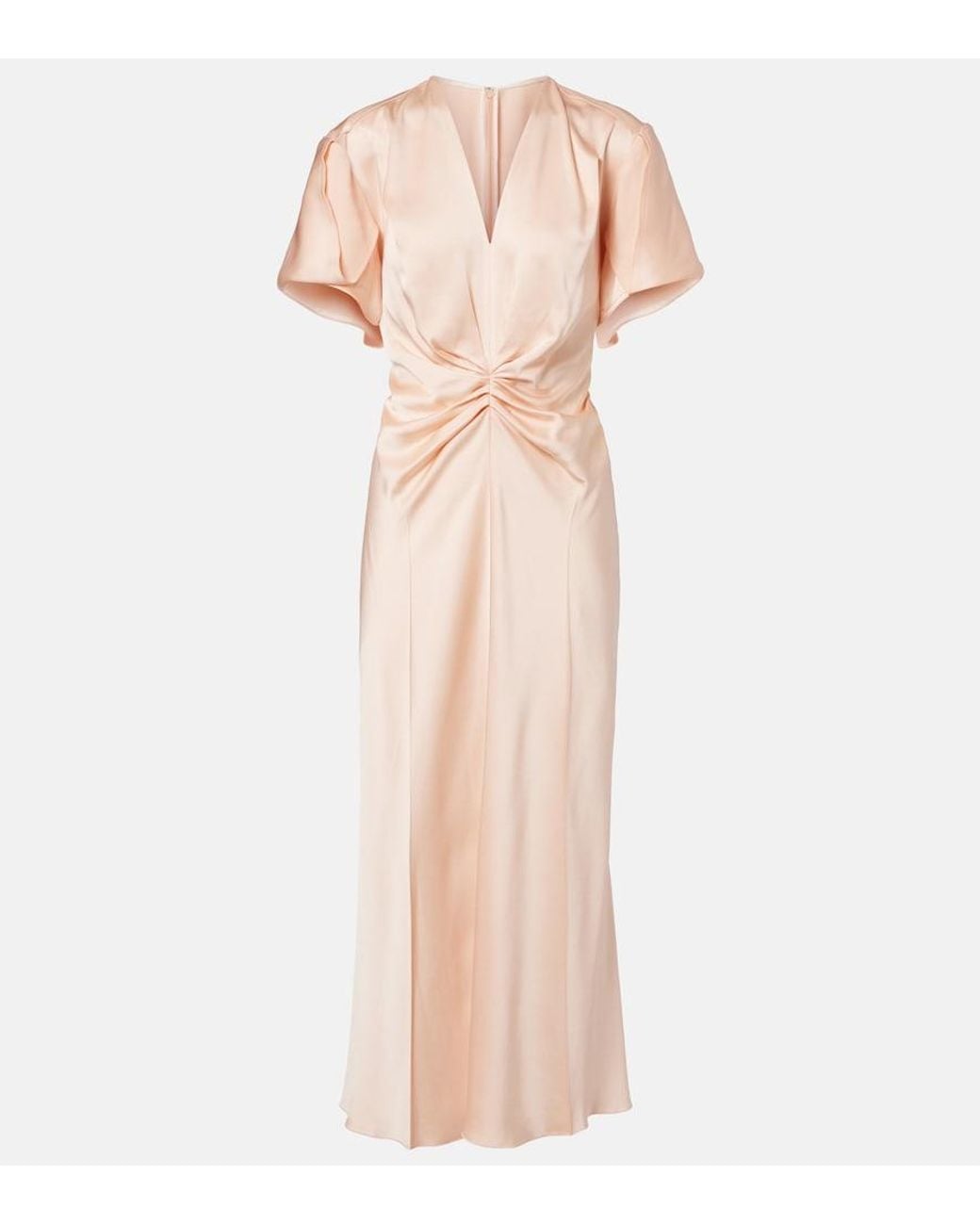 Victoria Beckham Pink Eve Gathered Satin Crepe Midi Dress