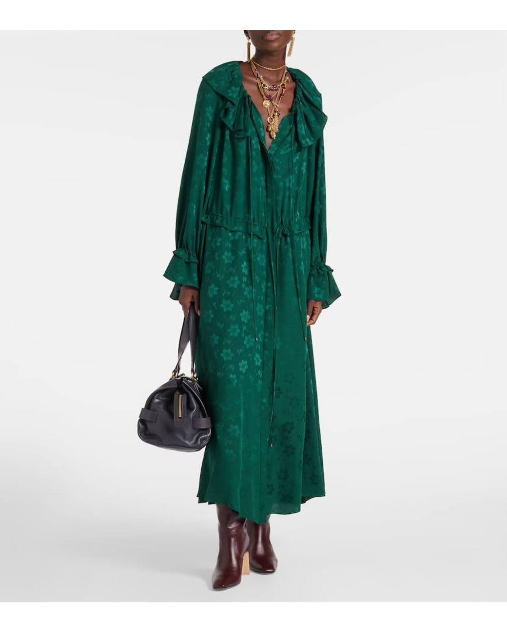 Chloé Green Ruffled Floral Silk Jacquard Midi Dress