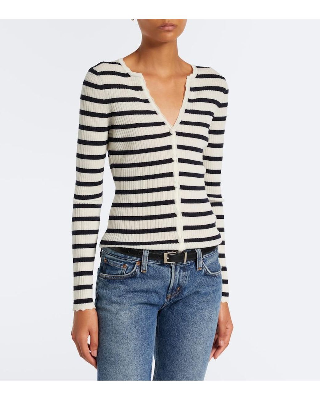 Veronica Beard White Anwin Striped Wool Cardigan