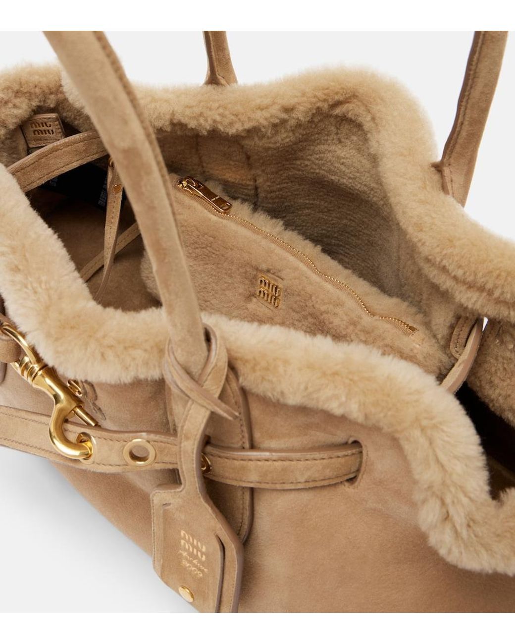 Miu Miu Natural Adventure Shearling-Lined Suede Tote Bag