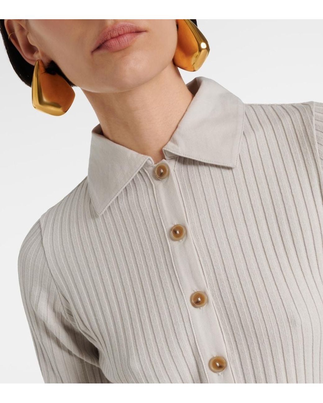 Vince White Ribbed-Knit Cotton-Blend Polo Dress