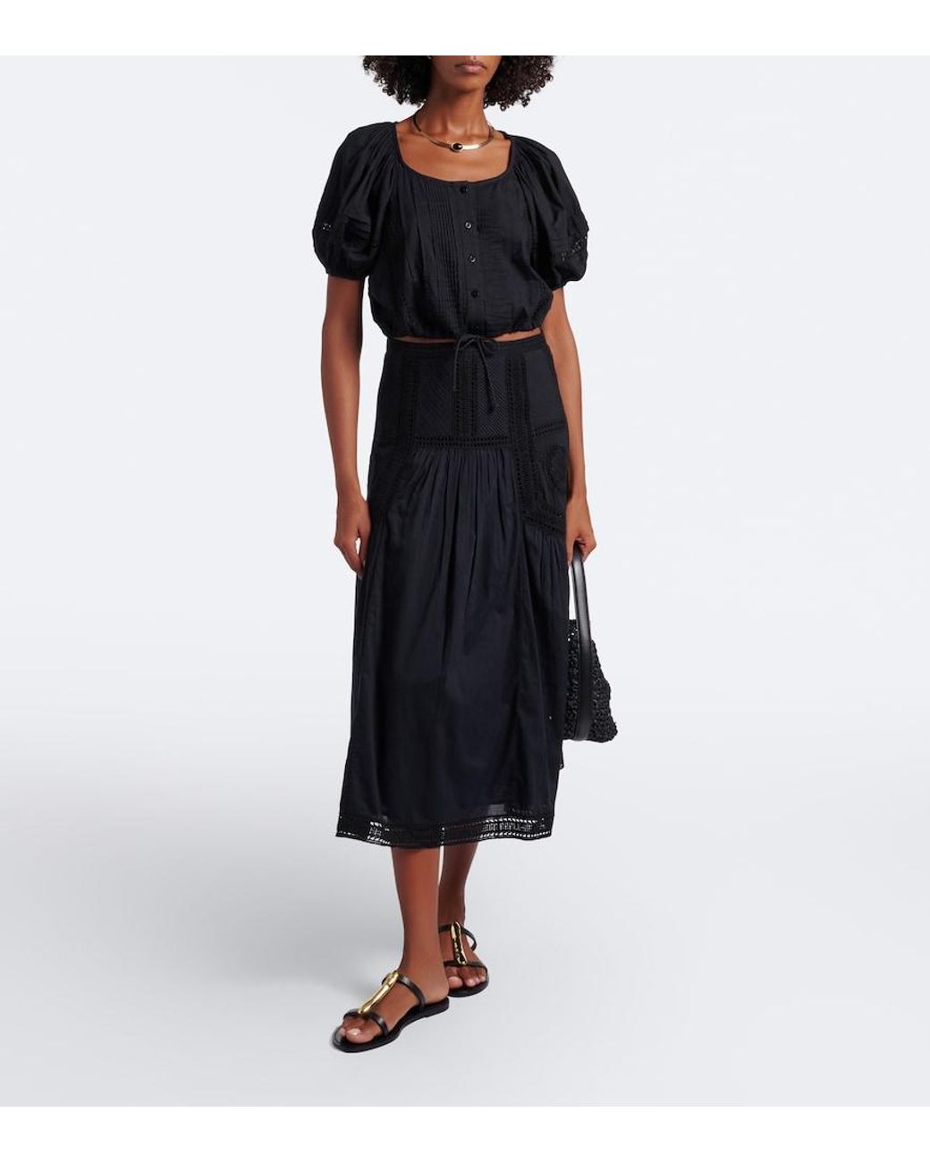 Ulla Johnson Black Alice Embroidered Tiered Cotton Midi Skirt
