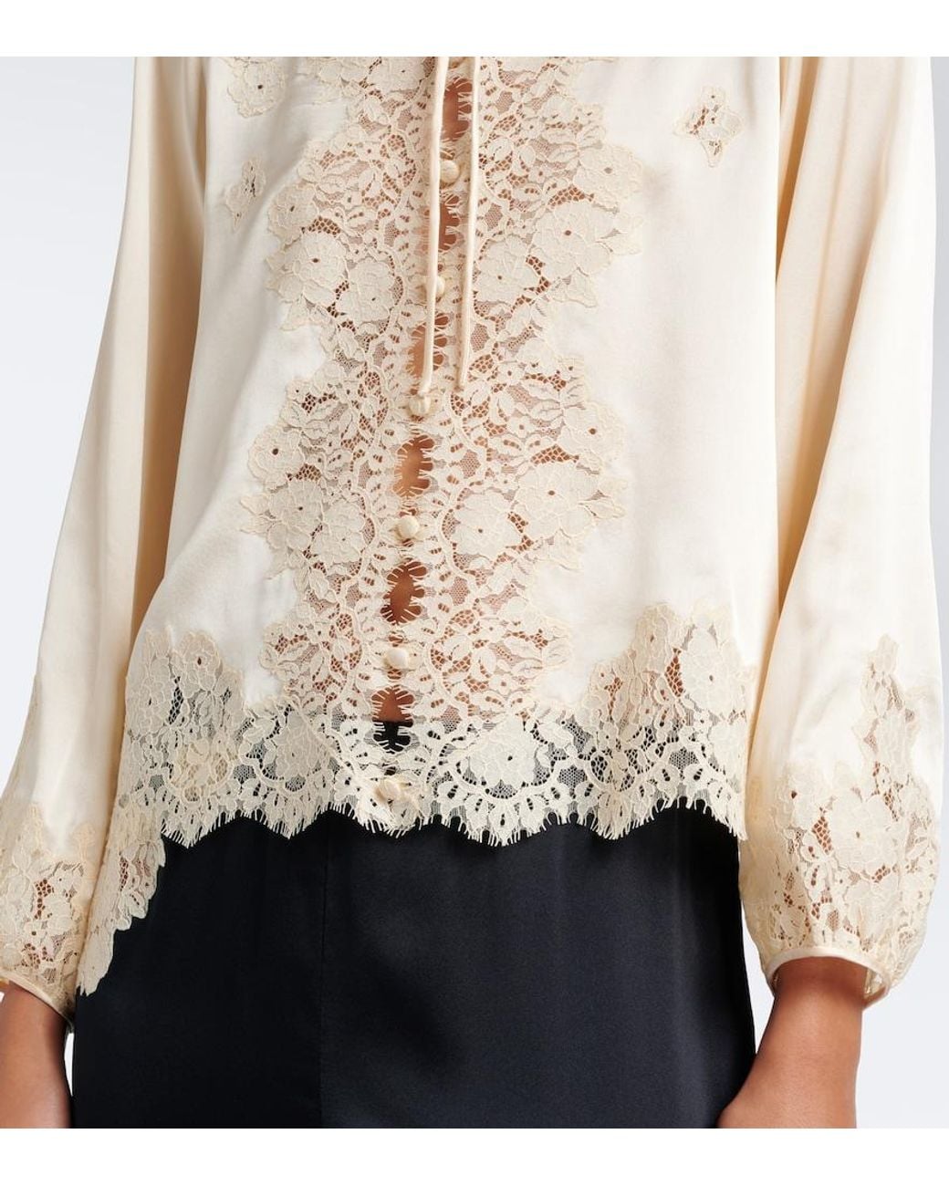 Doen Natural Lucine Lace-Trimmed Silk Satin Blouse