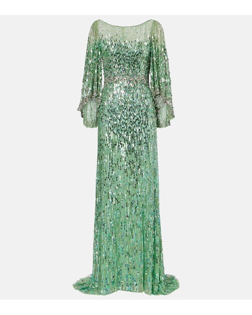 Jenny Packham Green Ines Embellished Sequined Gown