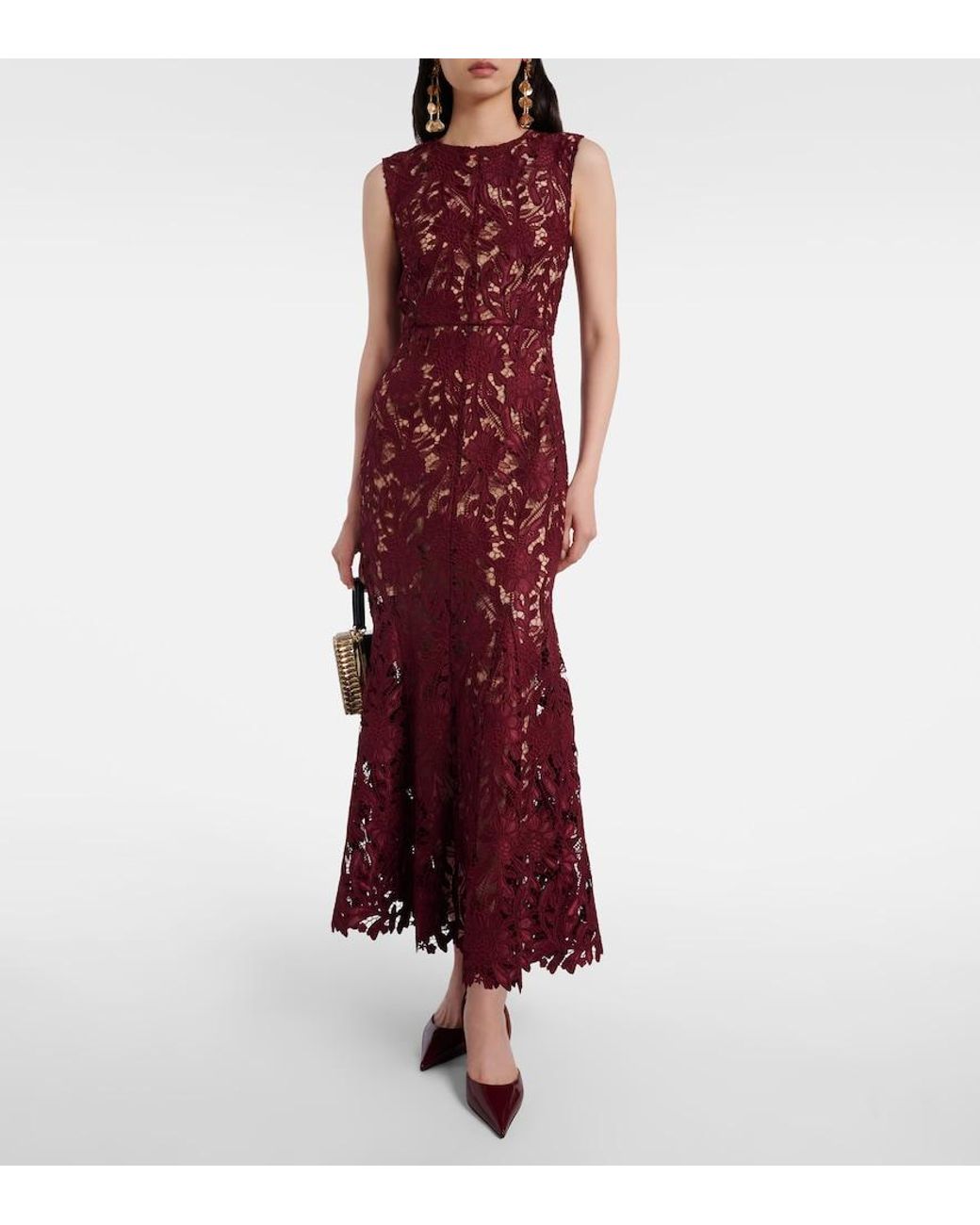 Self-Portrait Red Floral Lace Midi Dress