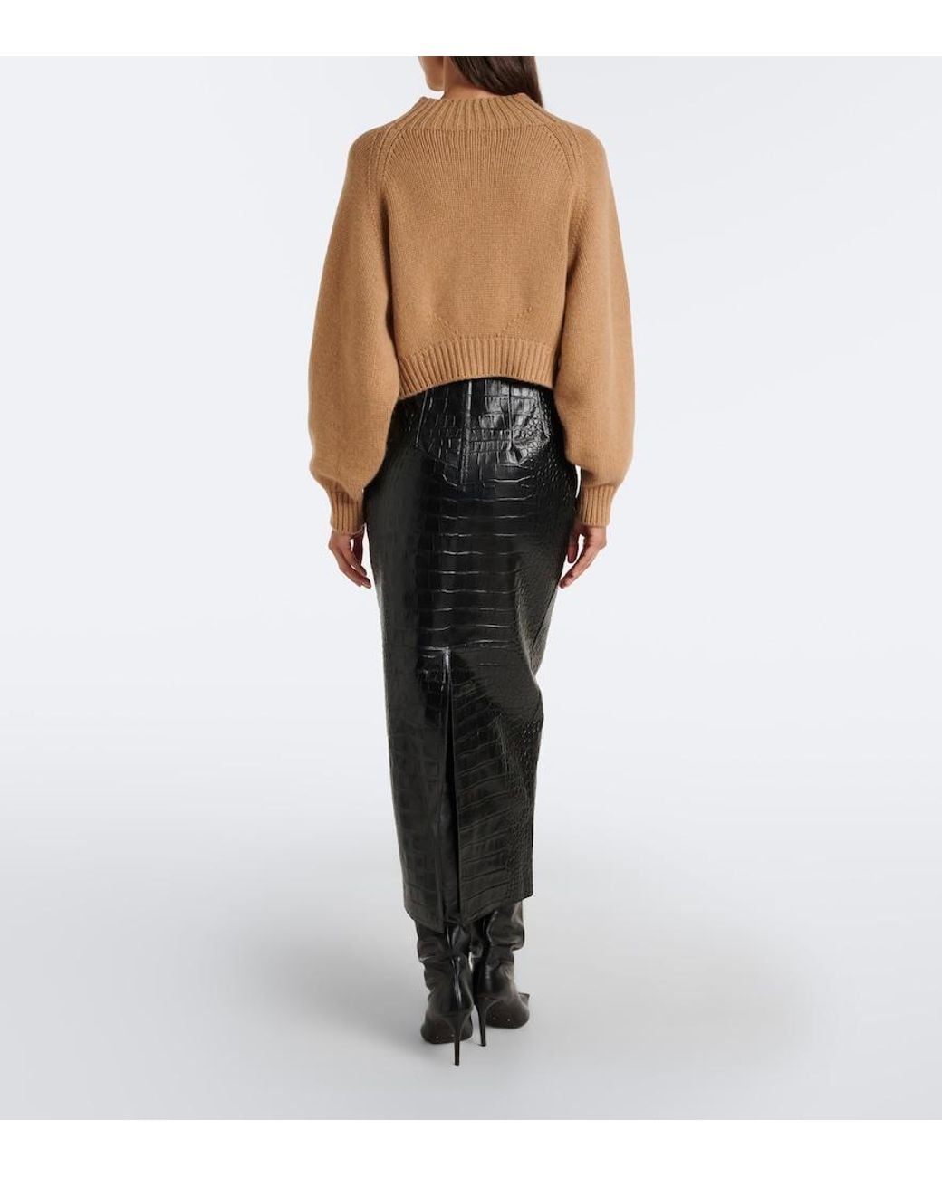 Khaite Black Loxley Croc-Effect Leather Midi Skirt