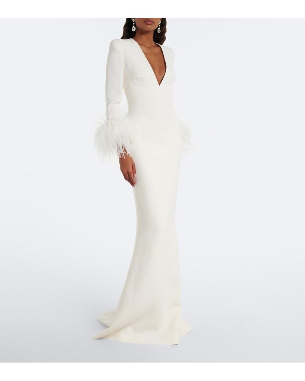 Elie Saab White Feather-Trimmed Cady Gown