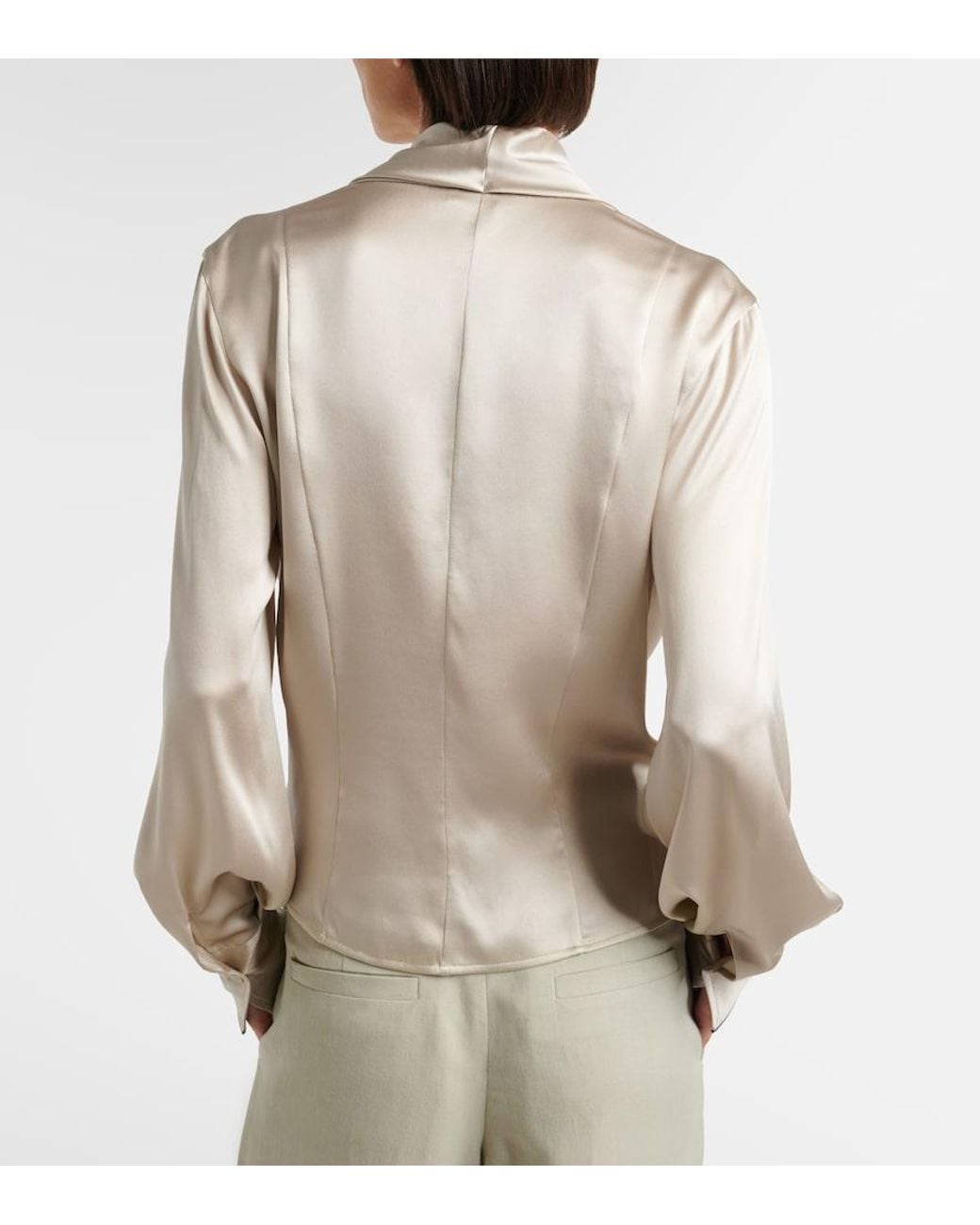 Brunello Cucinelli Gray Draped Silk-Blend Satin Blouse