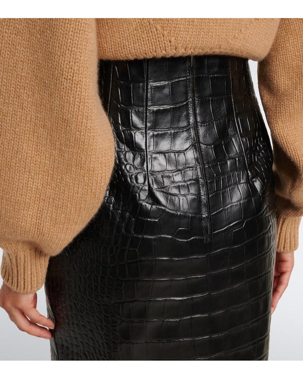Khaite Black Loxley Croc-Effect Leather Midi Skirt