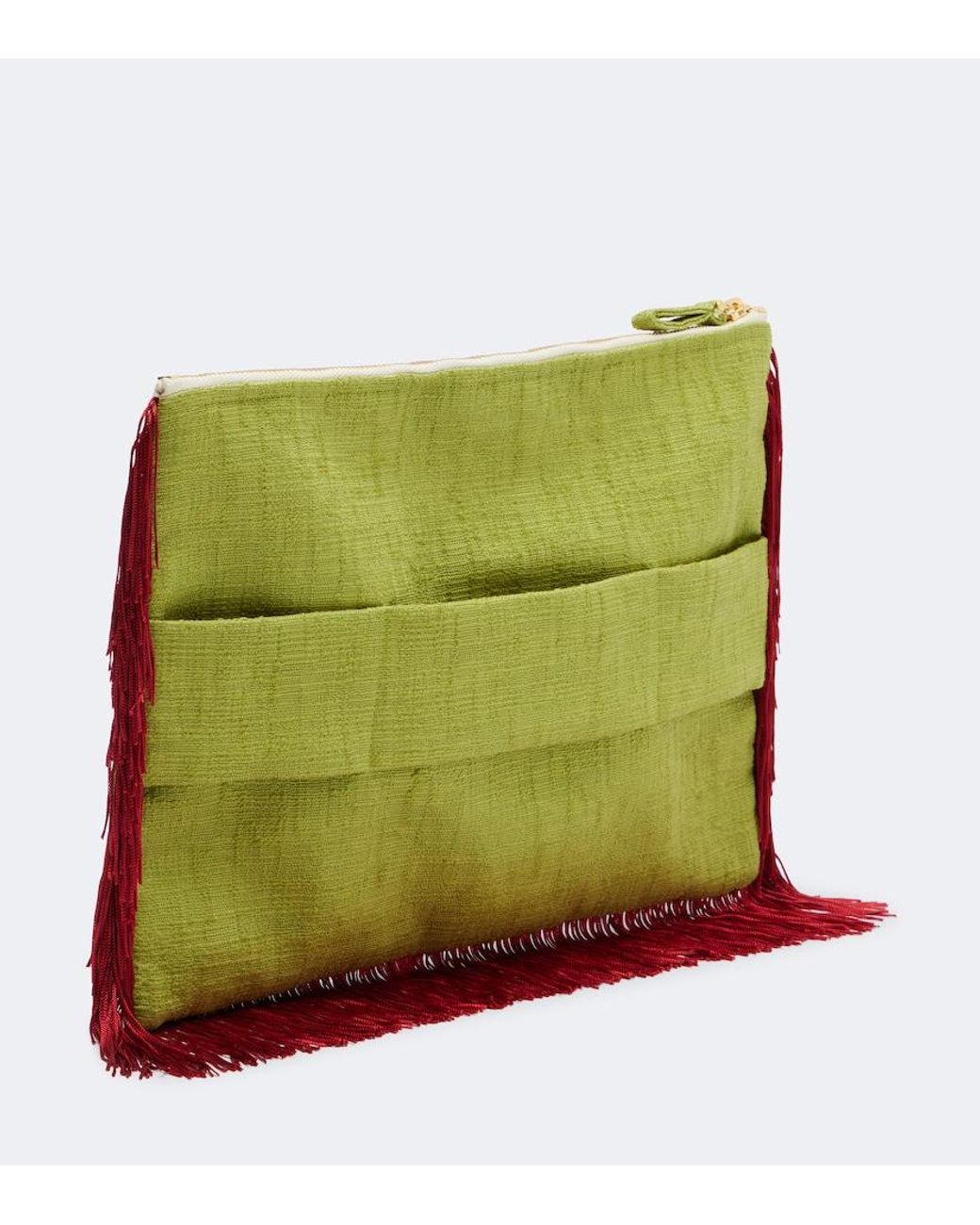 LaDoubleJ Green Fringed Printed Cotton Canvas Pouch