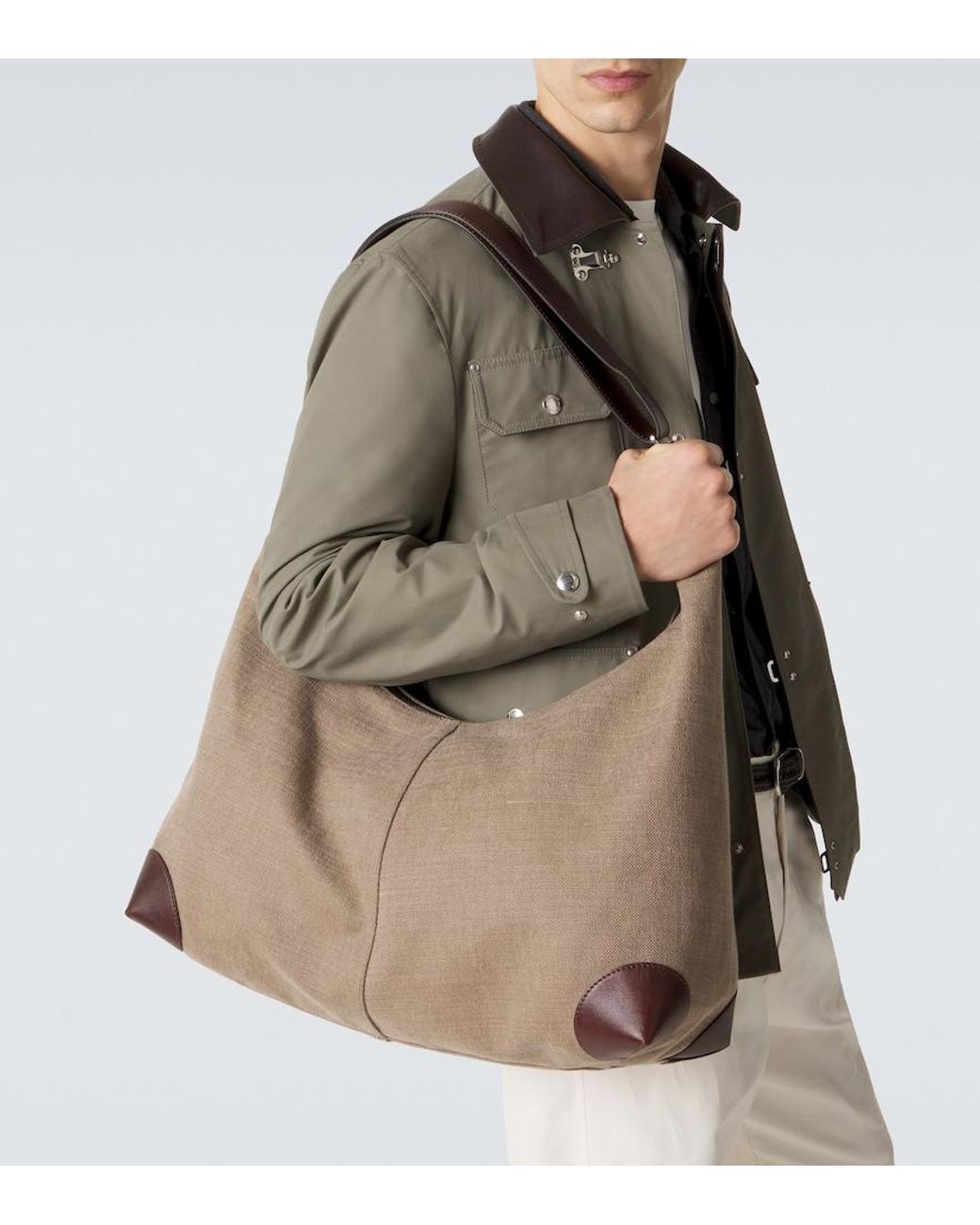 Brunello Cucinelli Brown Leather-Trimmed Canvas Shoulder Bag for men