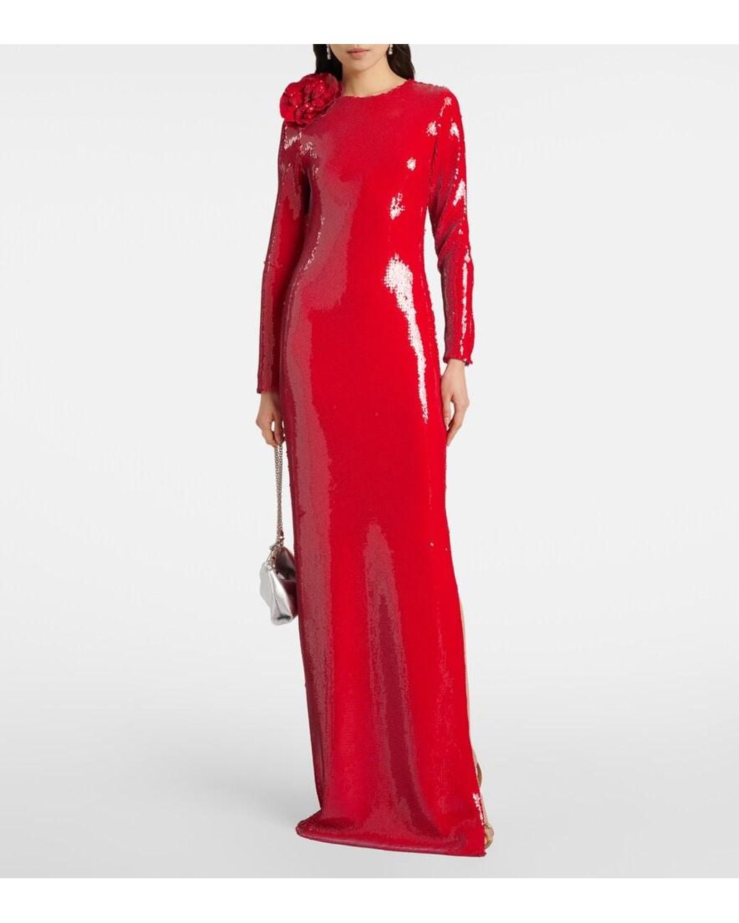 Rodarte Red Floral-Applique Sequined Gown
