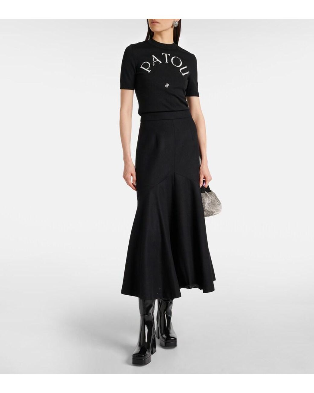 Patou Black Peplum Wool-Blend Midi Skirt