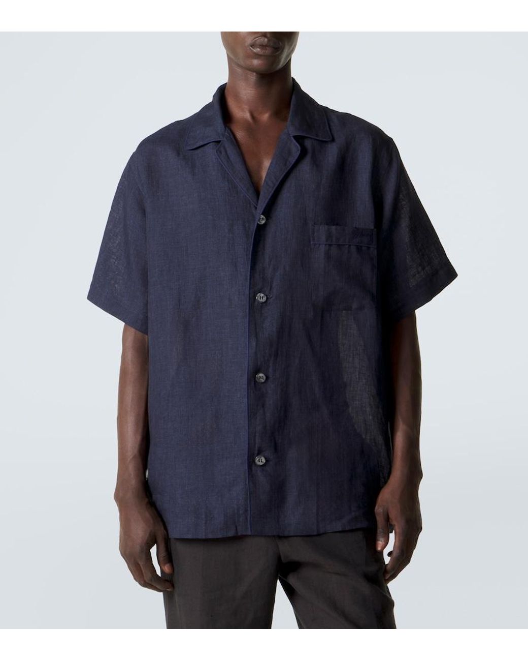 Brioni Blue Linen Bowling Shirt for men