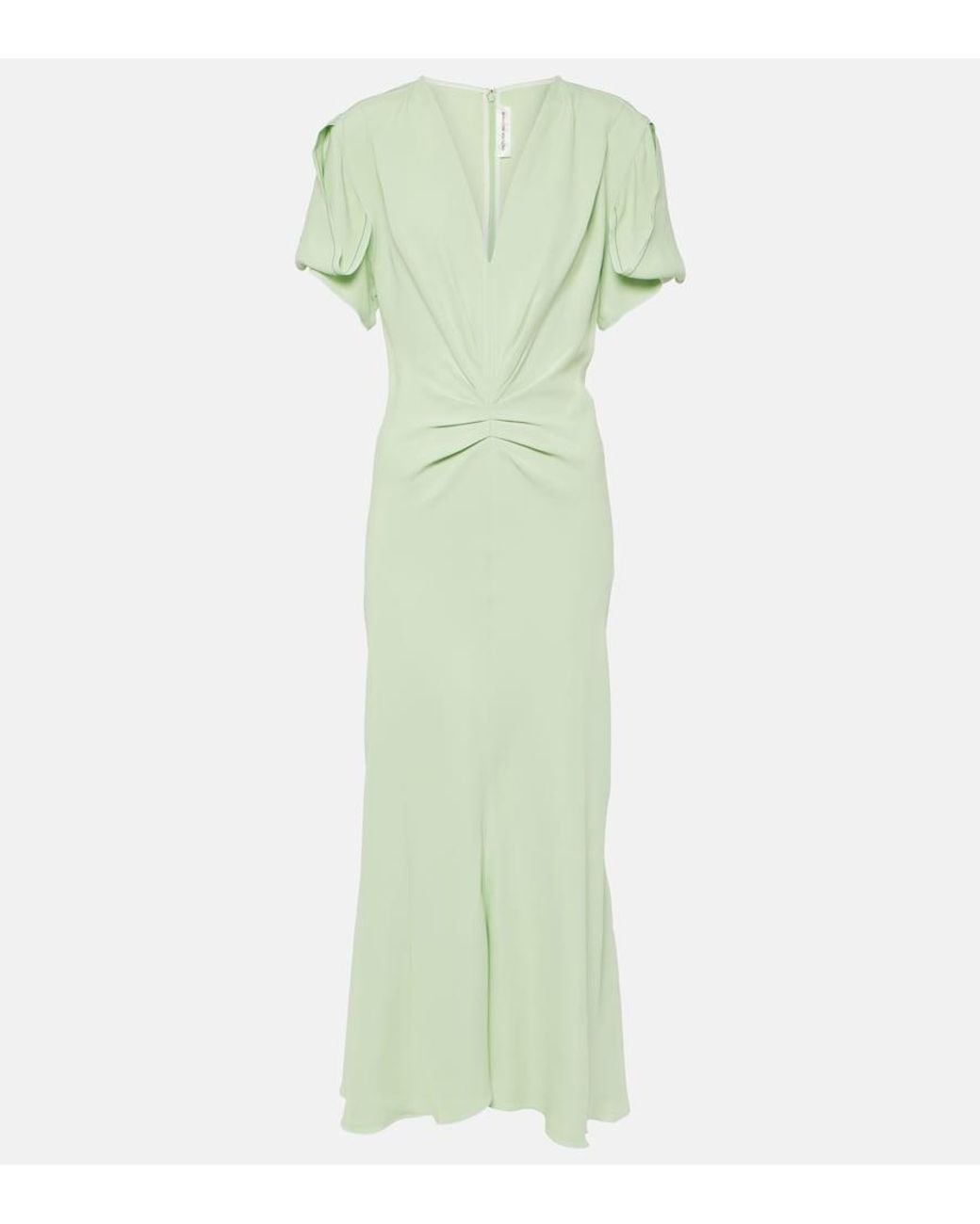 Victoria Beckham Green Gathered V-Neck Midi Dress