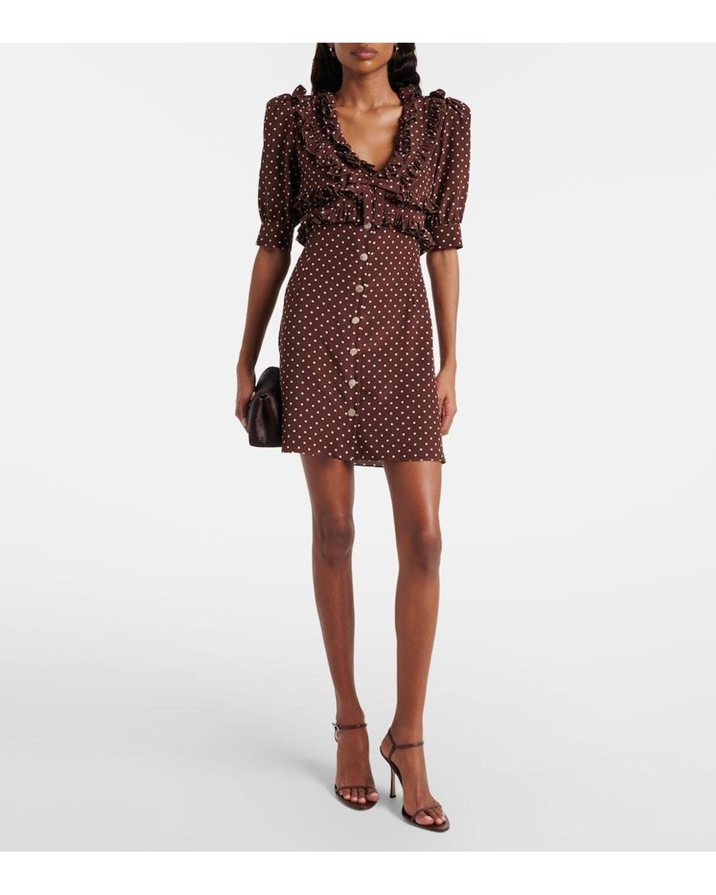 Alessandra Rich Brown Polka-Dot Ruffled Silk Minidress