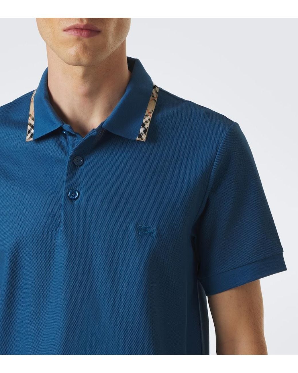 Burberry Blue Check Cotton Pique Polo Shirt for men