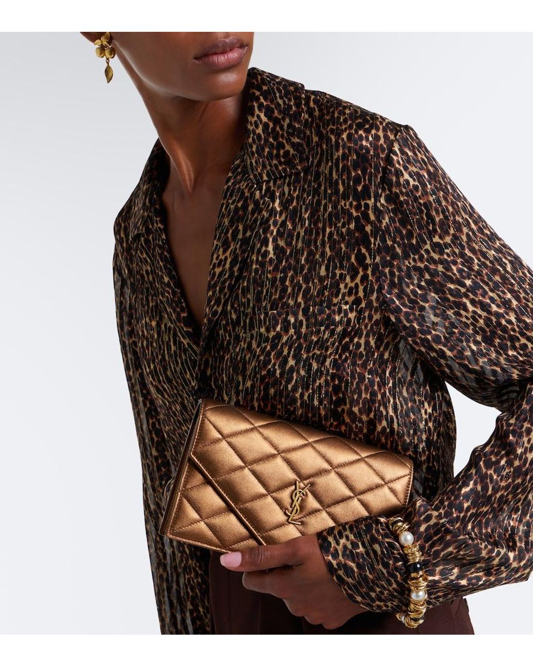 Saint Laurent Brown Paris Metallic Leather Wallet On Chain