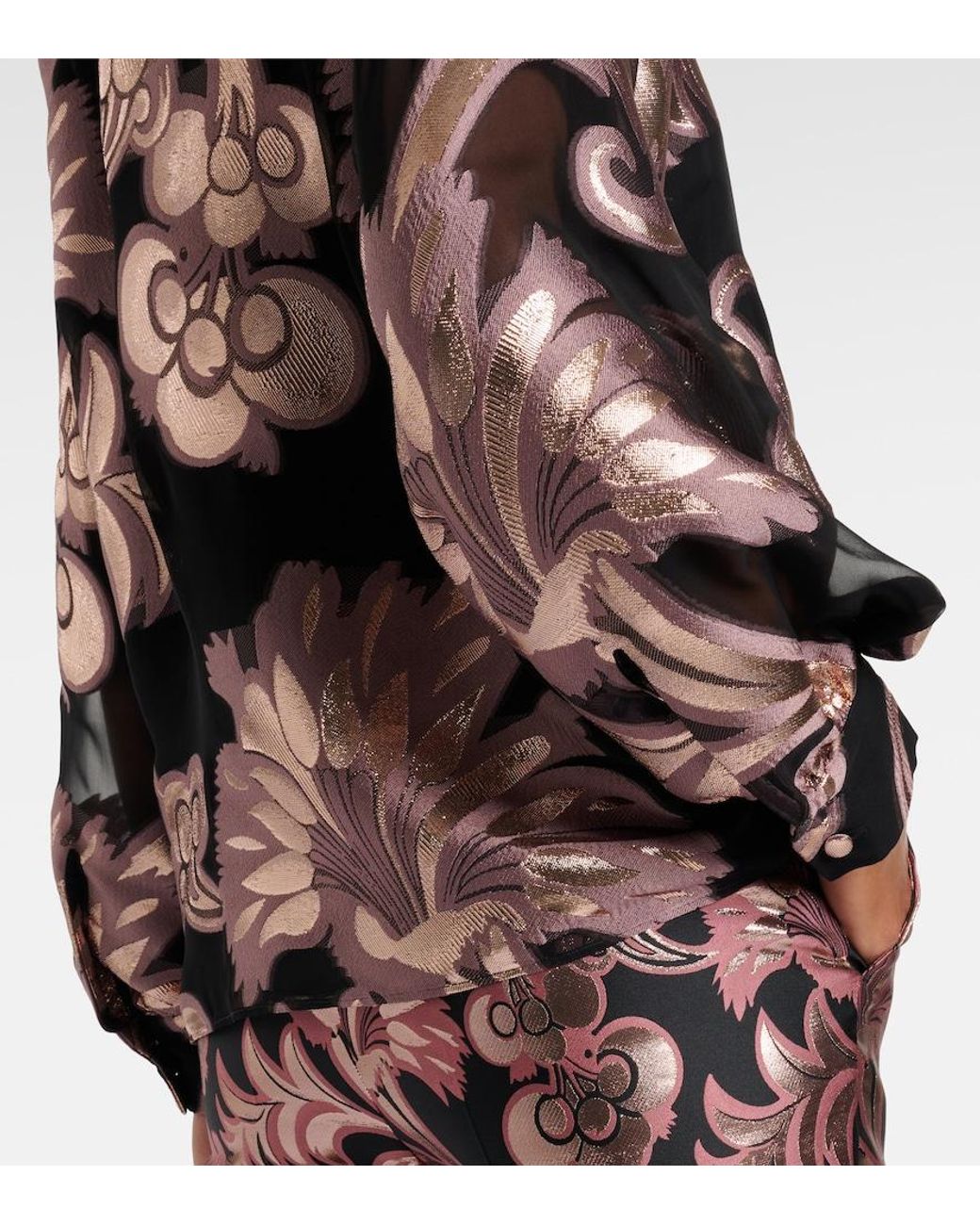 Etro Brown Semi-Sheer Tie-Neck Lame Blouse