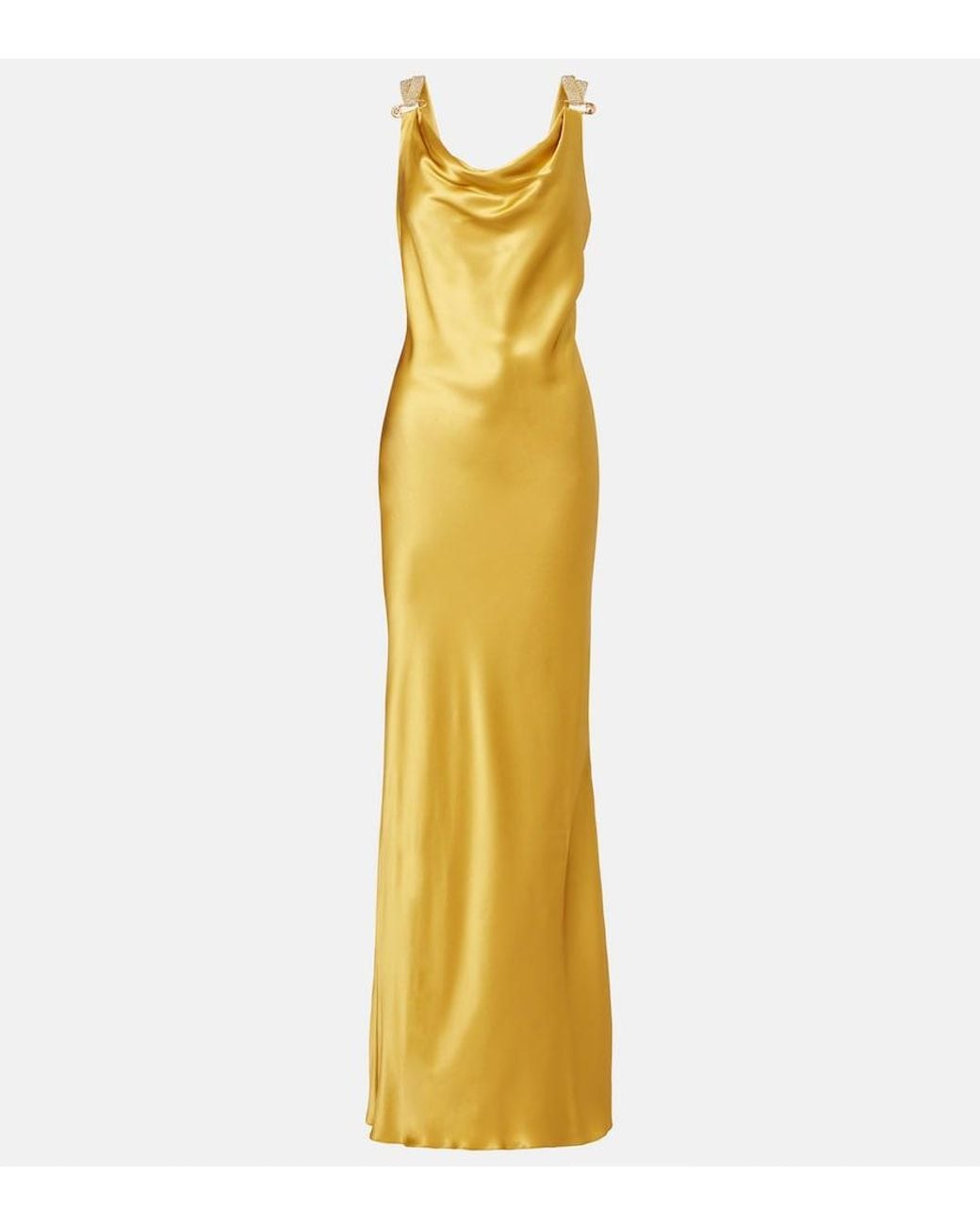 Versace Metallic Safety Pin Embellished Silk Satin Gown