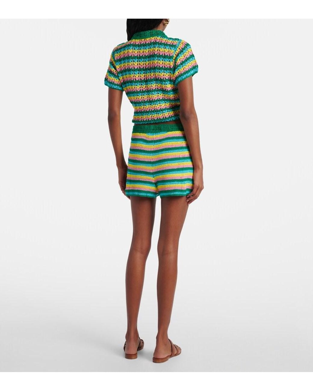 Anna Kosturova Green Striped Crochet Cotton Shorts