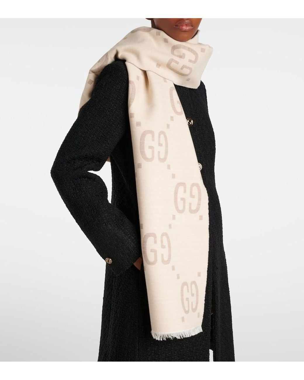 Gucci Natural Gg Wool And Silk Scarf