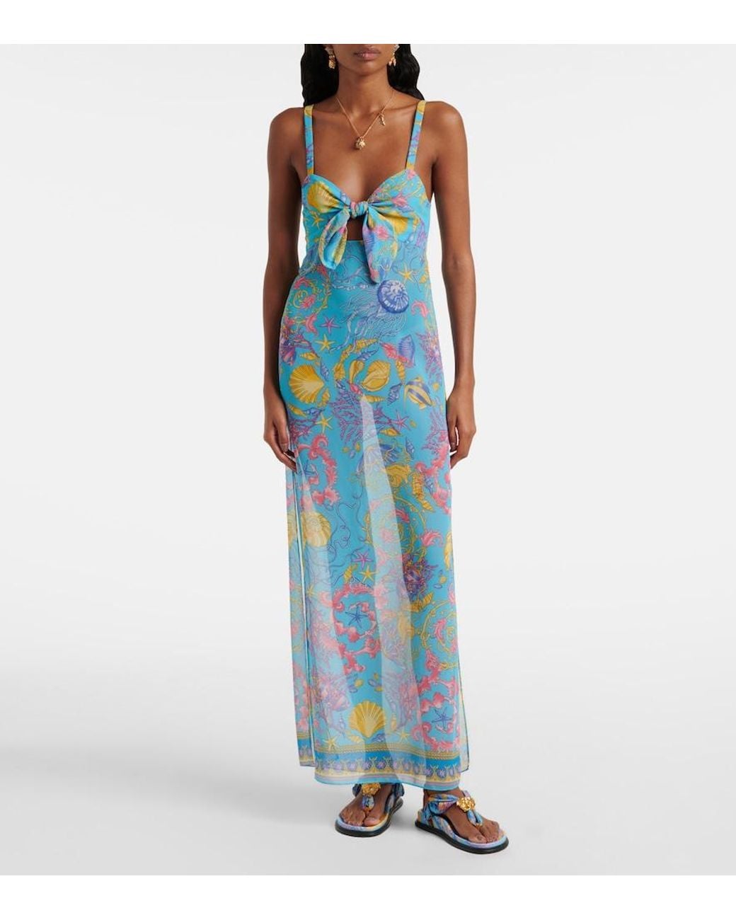Versace Blue Printed Cutout Semi-Sheer Maxi Dress