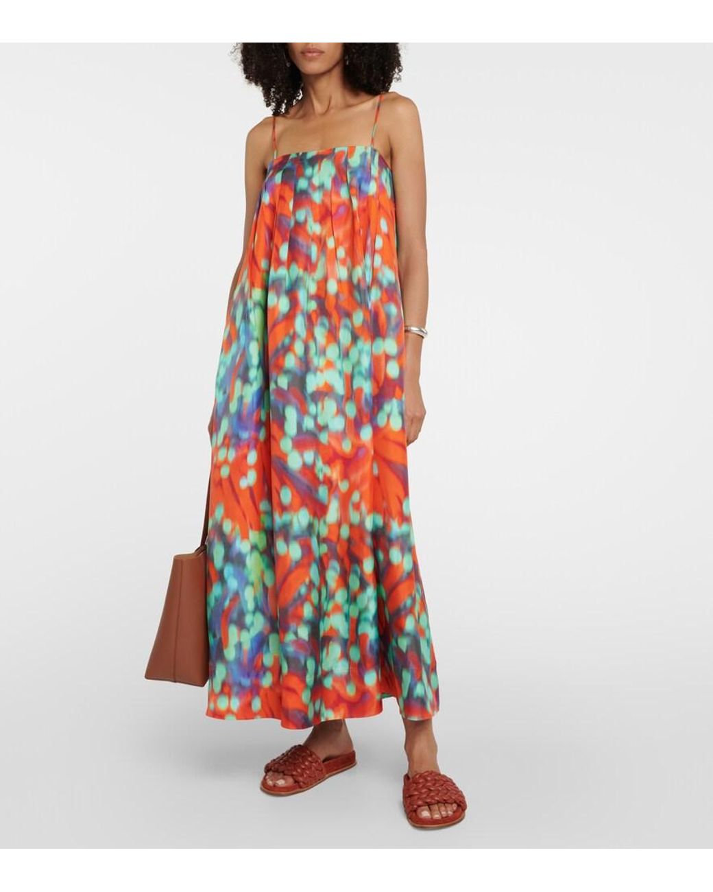 Asceno Red Heather Printed Silk Maxi Dress