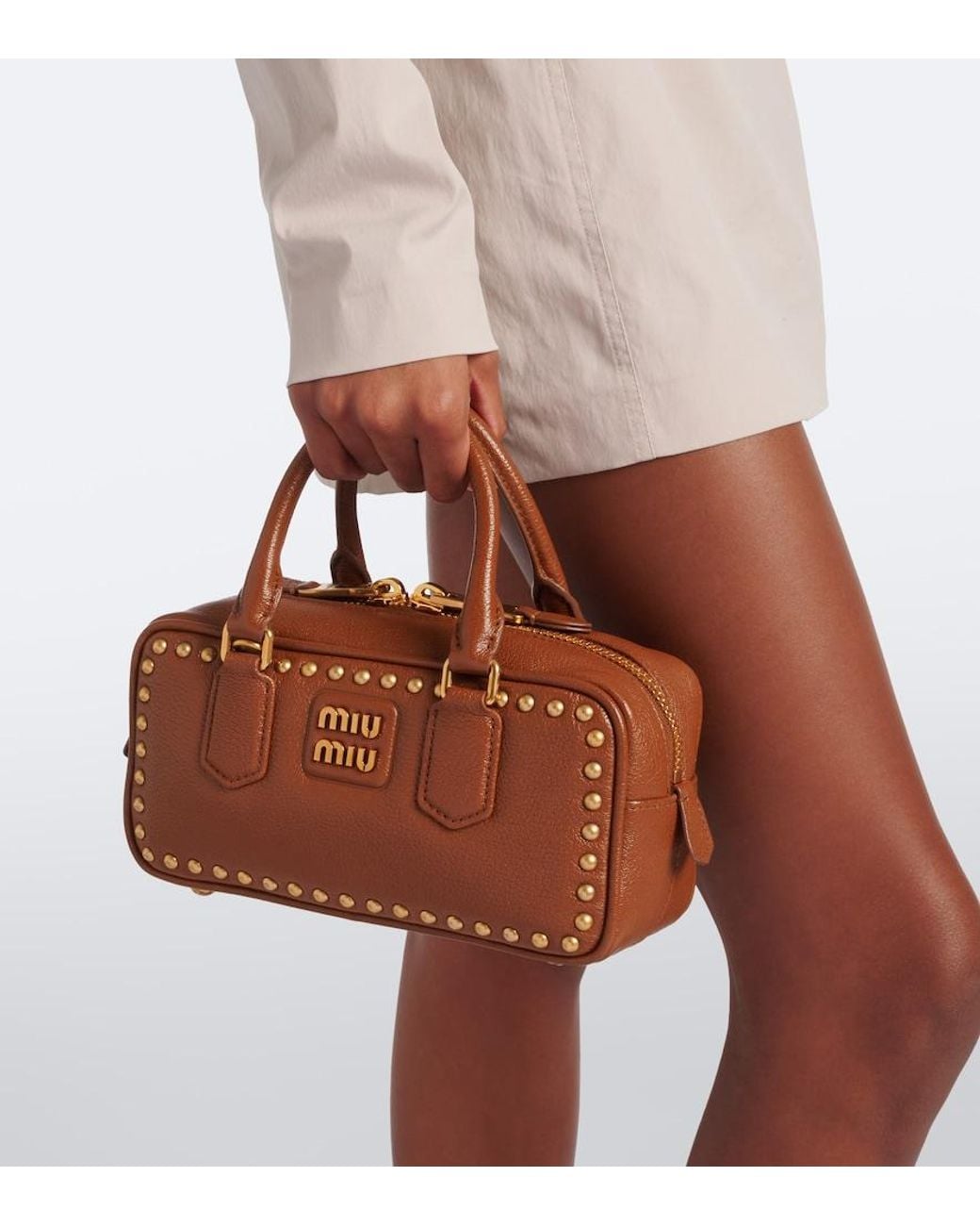 Miu Miu Brown Arcadie Studded Leather Top-Handle Bag