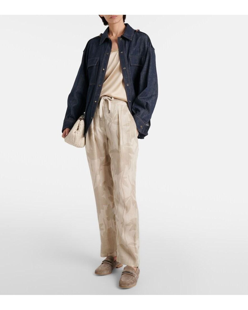 Brunello Cucinelli Natural Printed Linen Tapered Pants