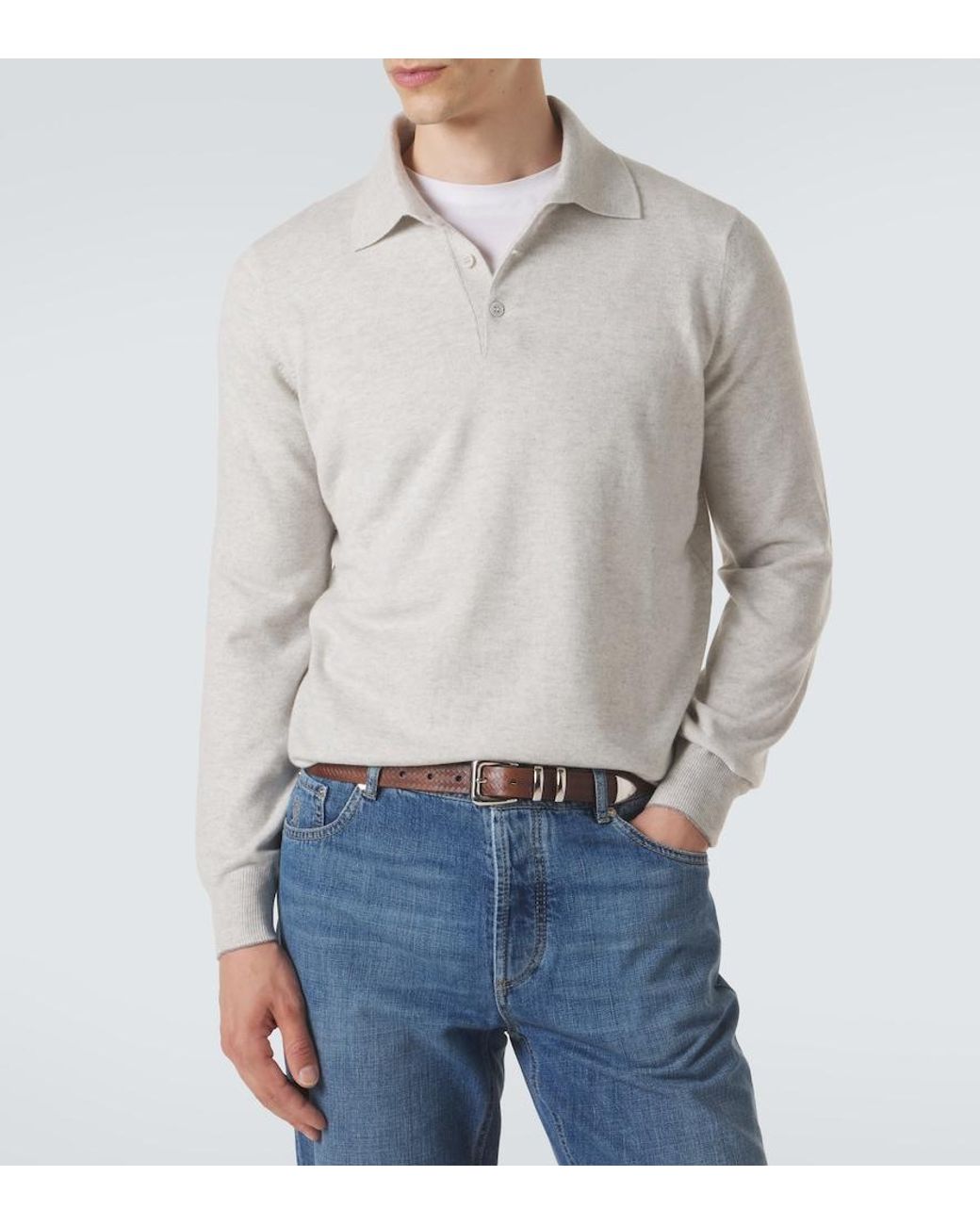 Brunello Cucinelli White Cashmere Polo Sweater for men