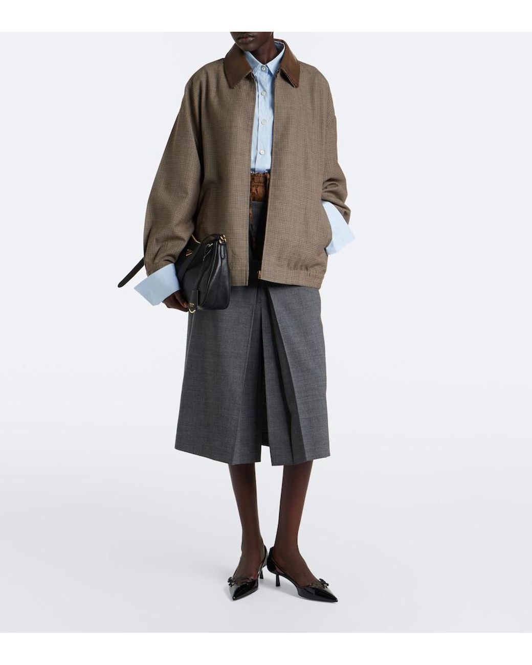 Prada Gray Layered Pleated Wool Midi Skirt