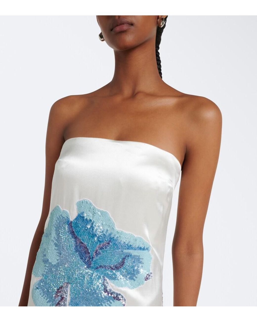 La Fuori Blue Floral Sequined Sik Satin Gown