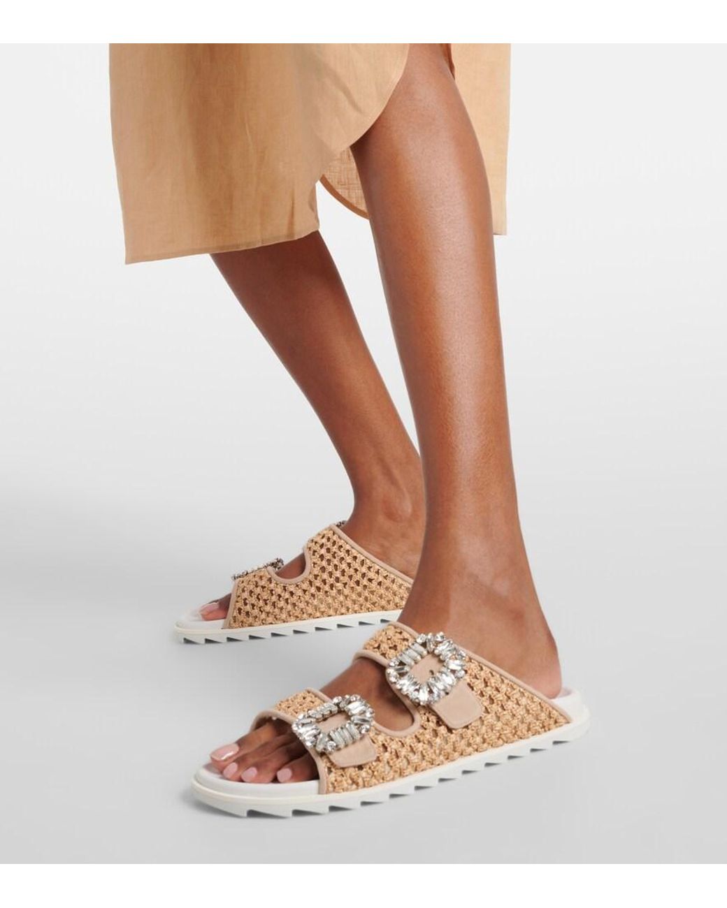Roger Vivier Natural Flat With Raffia And Crystal Buckles For