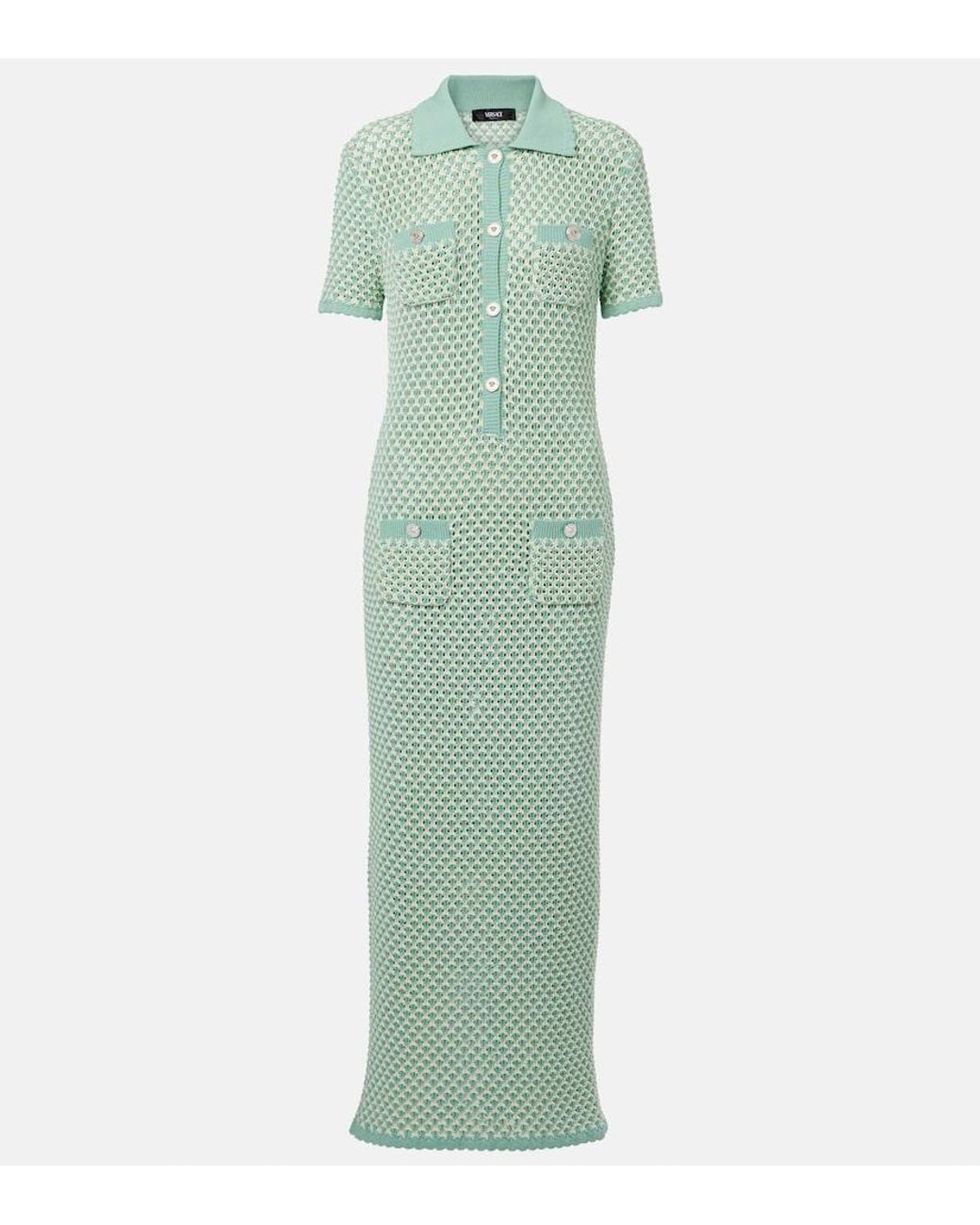 Versace Green Crochet Cotton-Blend Maxi Dress